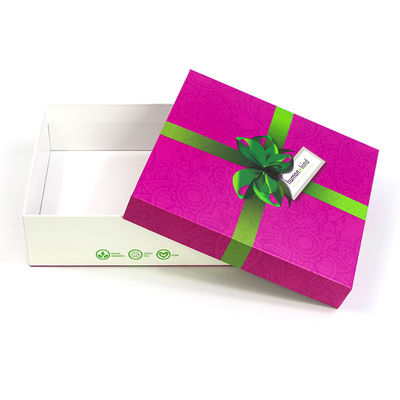 Luxury Pink White Holiday Gift Paper Lid And Base Gift Box With Green Ribbon
